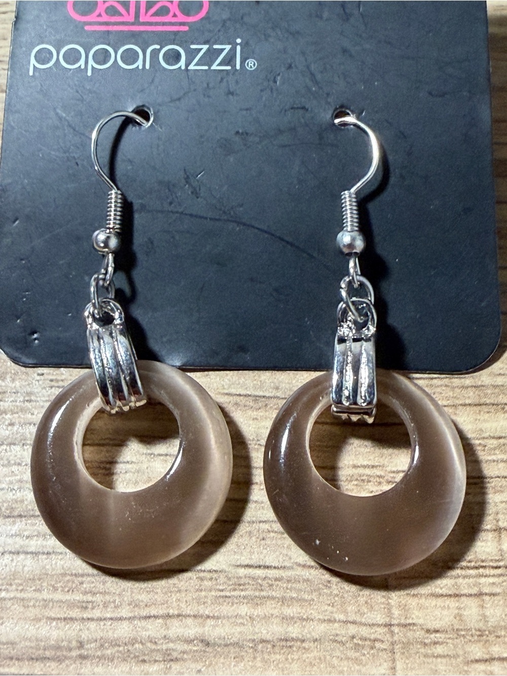 paparazzi Taupe Hoop Drop Earrings with Silver Accents